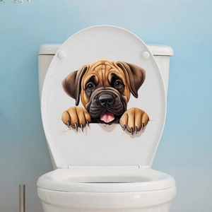 Macro shot of a 3D dog decal showing brown puppy paws on a white toilet seat cover