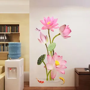 Sticker mural style chinois avec fleurs de lotus roses, carpes koï et libellules