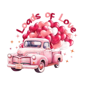 Close-up of pink vintage truck sticker with heart balloons and Loads of Love text