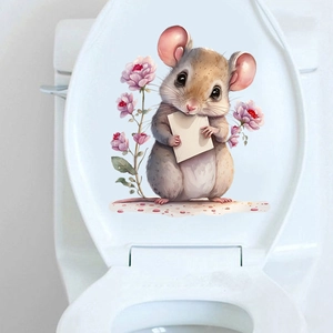 Watercolor mouse holding envelope and pink flowers self-adhesive toilet seat wall decal