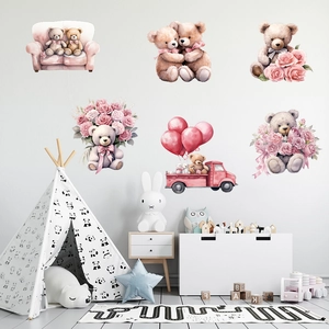 Watercolor teddy bear wall stickers with pink roses for nursery room wall decoration