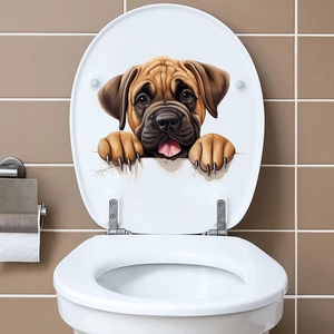 3D realistic bulldog wall sticker applied to a white toilet lid for bathroom decoration