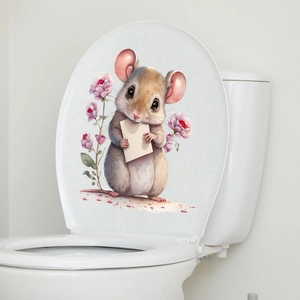 Close-up of cute cartoon mouse wall sticker with pink flowers on a white toilet lid
