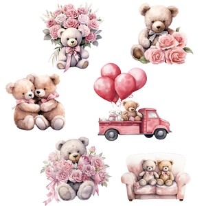 Teddy bear wall decals with pink roses and balloon truck for kids room decor