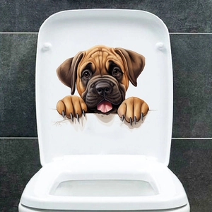 Detail view of a puppy dog toilet lid sticker on a white surface with marble background