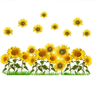 Self-adhesive yellow sunflower wall stickers with green leaves for home wall decoration