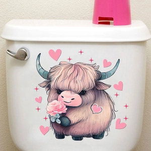 Cute highland cow toilet sticker with pink hearts and rose on a white tank background