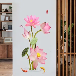 Stickers muraux style chinois avec fleurs de lotus et carpes koi pour salon zen