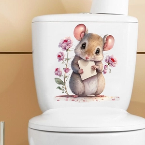 Close-up of cute cartoon mouse sticker with flowers on a white toilet tank