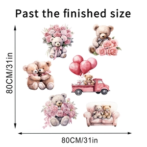 Detailed dimensions of watercolor teddy bear wall decals with roses and truck