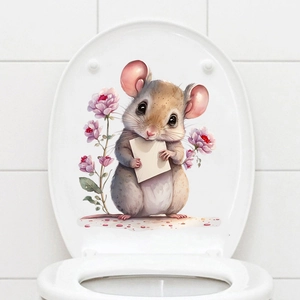 Detailed view of mouse and floral self-adhesive toilet seat sticker on white tile background