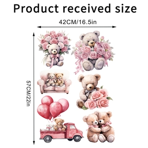 Detail view of cartoon bear wall stickers with dimensions and watercolor design layout