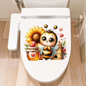 Cute cartoon bee and sunflower self-adhesive sticker applied on a white toilet lid