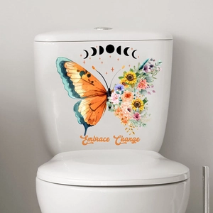 Artistic waterproof butterfly and flower sticker with Embrace Change text on white toilet tank
