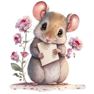 Detail view of watercolor cartoon mouse sticker with flowers and gift card on white background