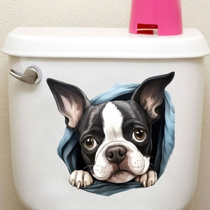 Detail of 3D waterproof wall sticker featuring a realistic Boston Terrier through a blue tear