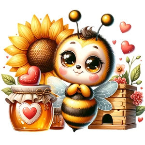 Detail of bee and sunflower wall sticker with honey pot and hearts in 3D cartoon style