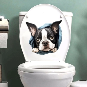 Detail showing 3D Boston Terrier toilet sticker with a cute puppy peeking through fabric