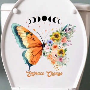 Waterproof butterfly floral sticker on white toilet lid with Embrace Change text design