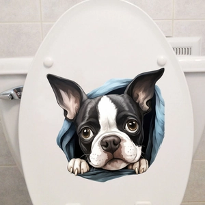Detailed view of 3D Boston Terrier dog wall sticker applied to white toilet cover lid