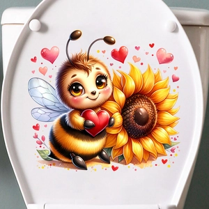 Close-up of cute cartoon bee and sunflower adhesive wall sticker on a white toilet lid