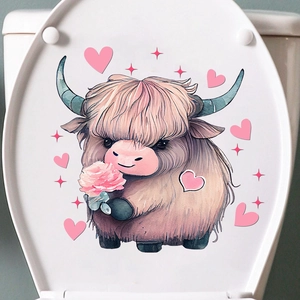 Watercolor highland cow toilet seat sticker with pink hearts for bathroom decoration