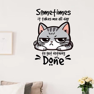 Funny grey cat wall sticker with humorous quote for cozy bedroom wall decoration