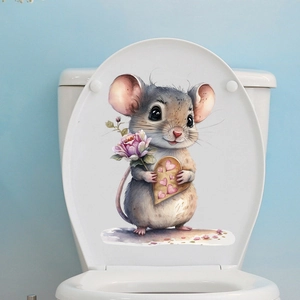 Close-up of cute watercolor mouse sticker with hearts on a white toilet lid