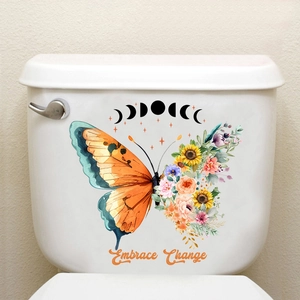 Detailed view of butterfly and floral self-adhesive wall sticker on a white toilet tank