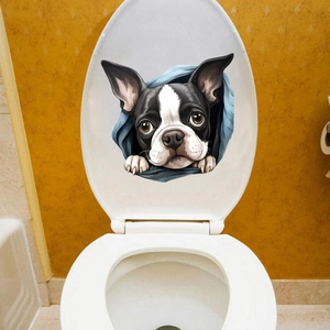 3D waterproof wall sticker of a Boston Terrier dog peeping through a blue hole on a lid