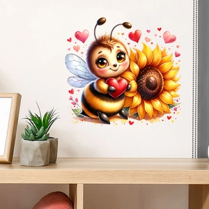 Detailed wall sticker featuring a cute cartoon bee with heart and sunflower decor