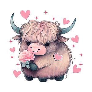 Watercolor illustration of a baby highland cow holding a pink flower with hearts
