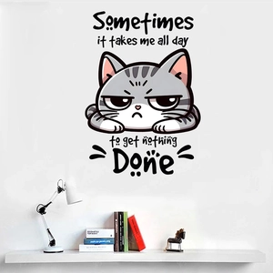Cartoon Cat Wall Sticker Sometimes It Takes Me All Day Humorous Quote Removable Waterproof PVC Home Office Decor Art