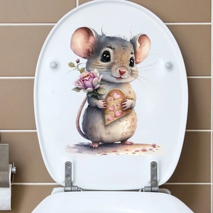 Detail of waterproof PVC toilet sticker featuring a cute mouse holding pink flowers