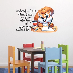 Nursery wall sticker showing a cute orange squirrel painting at a desk with color chairs