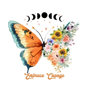 Detail of floral butterfly wall sticker with flowers and Embrace Change text