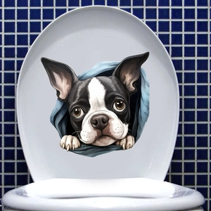 Macro view of a 3D Boston Terrier dog wall sticker applied to a white toilet lid cover