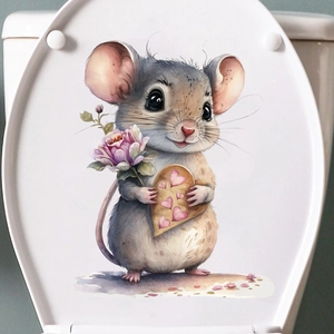 Close-up of cute watercolor mouse sticker with a pink flower on a white toilet lid