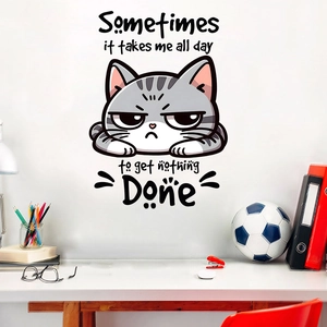 Self-adhesive cartoon cat wall sticker with humorous quote for office wall decor