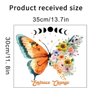 Detail view of colorful floral butterfly wall sticker with Embrace Change quote and dimensions