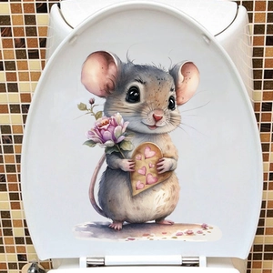 Detail of cute watercolor mouse sticker with heart and flower on a white toilet lid