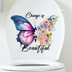 Detail of floral butterfly toilet lid decal with 'Change is Beautiful' artistic lettering