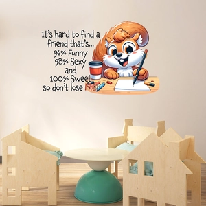 Detailed view of cartoon squirrel wall sticker with English text in a cozy playroom