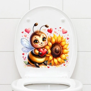 Detail of waterproof toilet lid sticker with cartoon bee, sunflower and red heart pattern