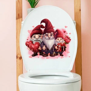 Close-up of three Valentine gnomes with hearts and roses on a white toilet lid decal