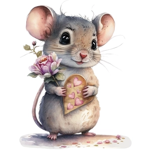 Close-up of watercolor mouse wall sticker with pink rose and heart for home decor