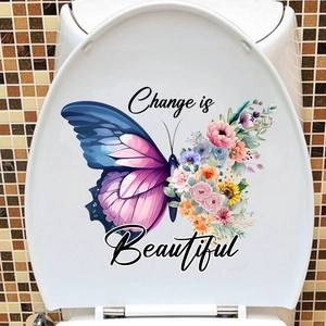 Detail of floral butterfly toilet sticker with Change is Beautiful text on white lid