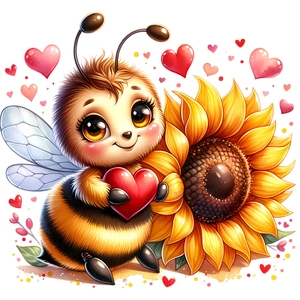 Detail of cartoon bee holding a red heart with sunflower wall sticker decoration