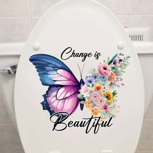Detail of floral butterfly toilet seat decal with Change is Beautiful text