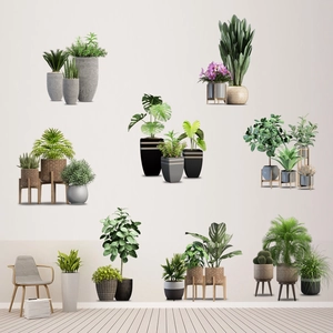 Self-adhesive wall decals featuring realistic potted plants, monstera, and succulents